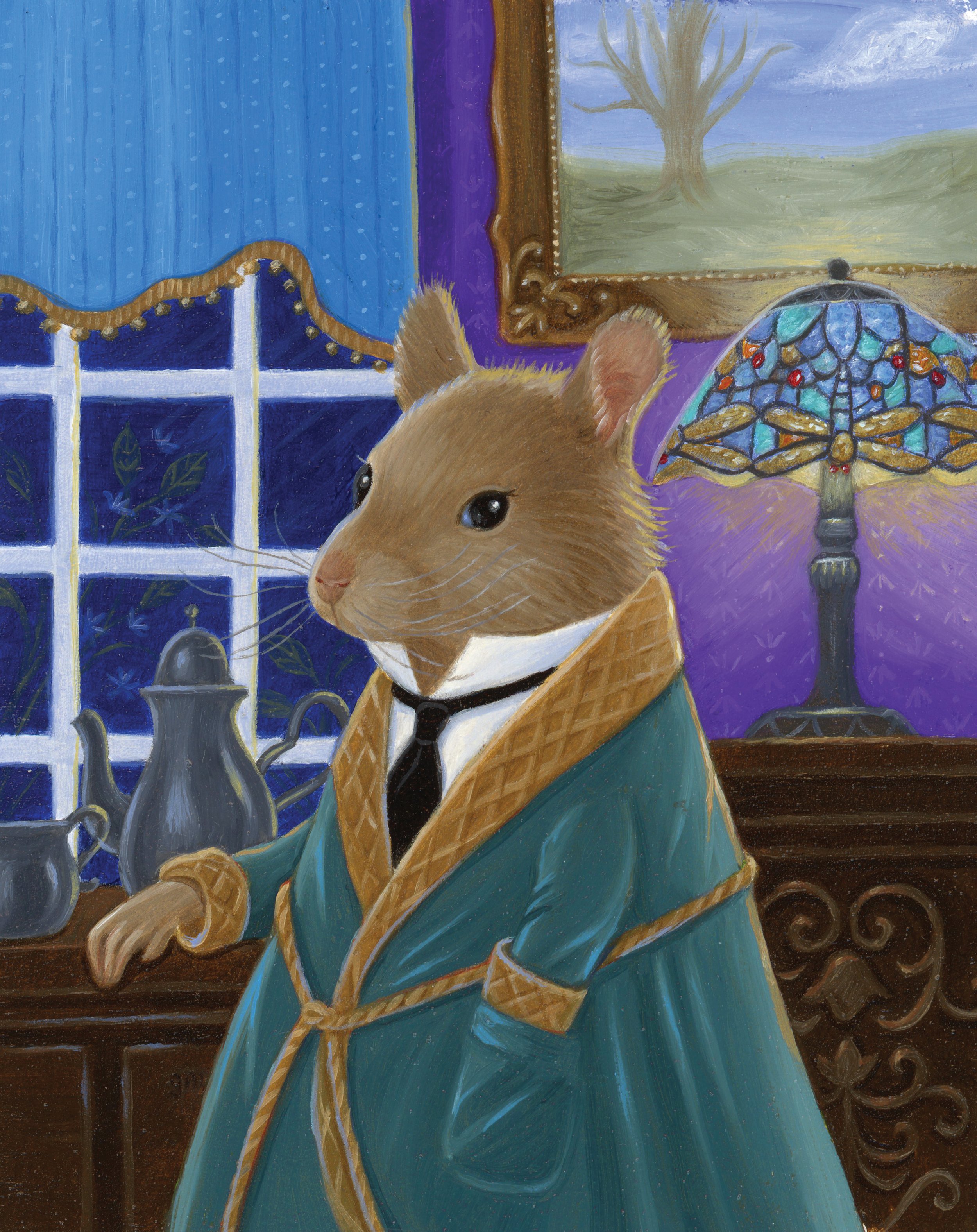   “Pernell Pickleford, at Home”  3 5/8, x 3 Oil on Arches watercolor paper  A simple portrait of Pernell relaxing at his vacation home off the coast of West Fringlesham Knoll. He needed a short break to recuperate from his grueling touring schedule, 