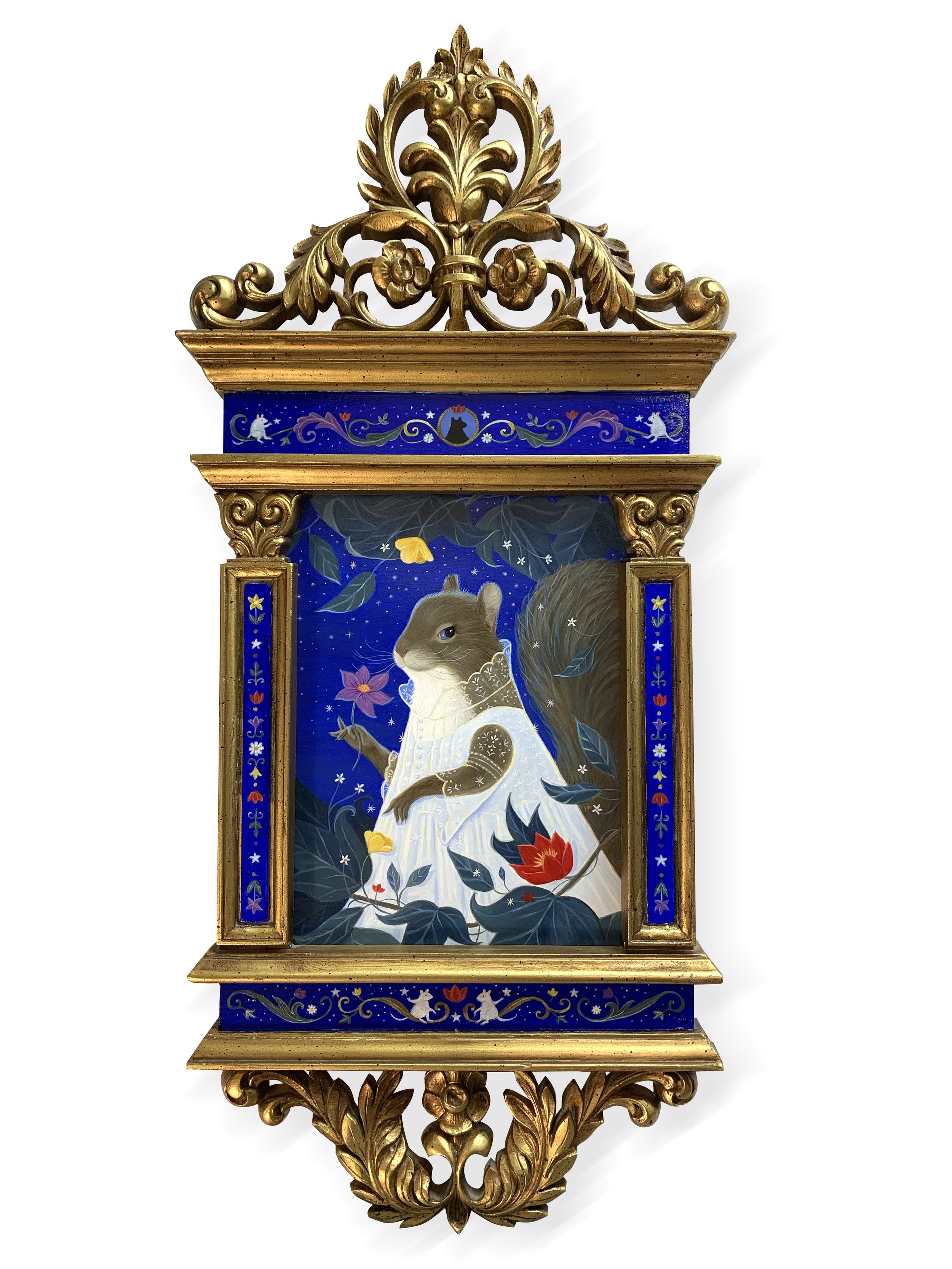   Lady Aurora  Oil on Arches watercolor paper and painted frame, 8x6.5 Frame outside dimensions: 17x8x1.25  A lady of some distinction—Aurora is a curious squirrel. On occasion, she has an extra special way of moving through the trees at night, dropp