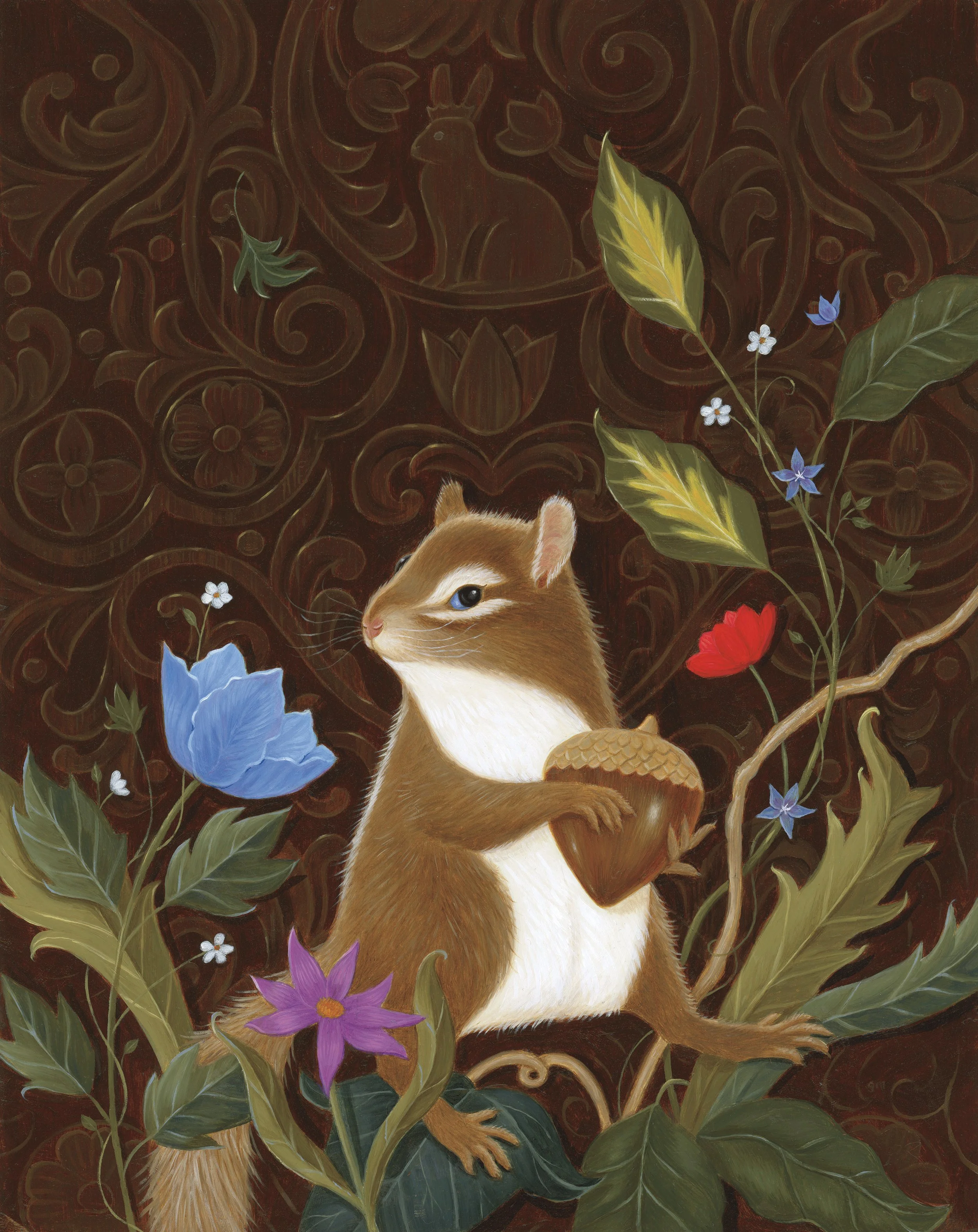  "An Honor for Francois" Oil on gessoboard panel, 10"x8" Frame outside dimensions: 14.25"x12.25"x1"  Francois has just come from a special meeting with the queen, and is proud of his reward!—a most splendid, shiny royal acorn, infused with parsley, t