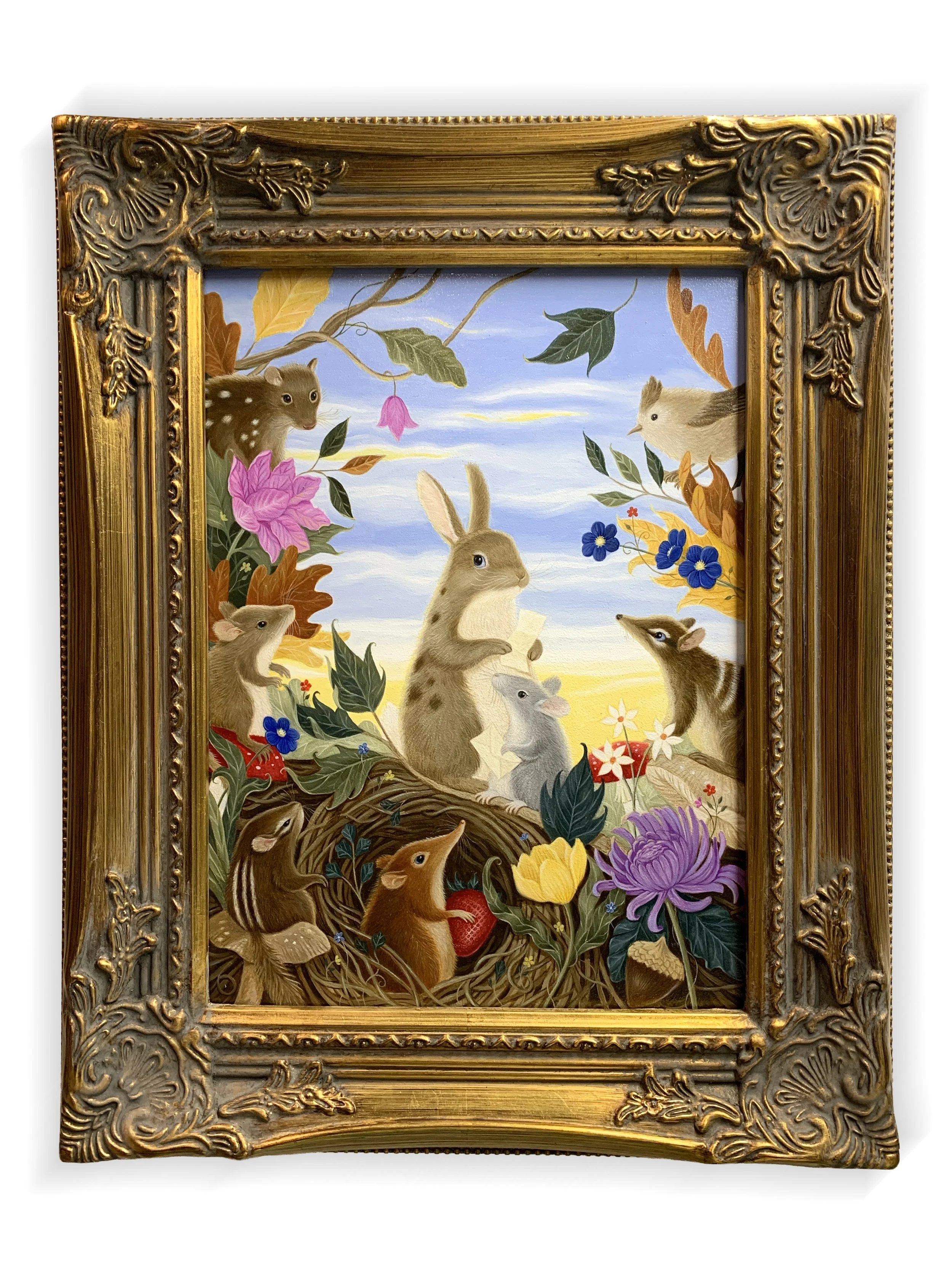  "Good News in the Meadow" Oil on gessoboard panel 12"x9"    $1100   Story:  Morning in the meadow on a fine spring day, just before Brinkley shares the content of an official letter from the Queen, while the nearest forest friends gather in hope of 