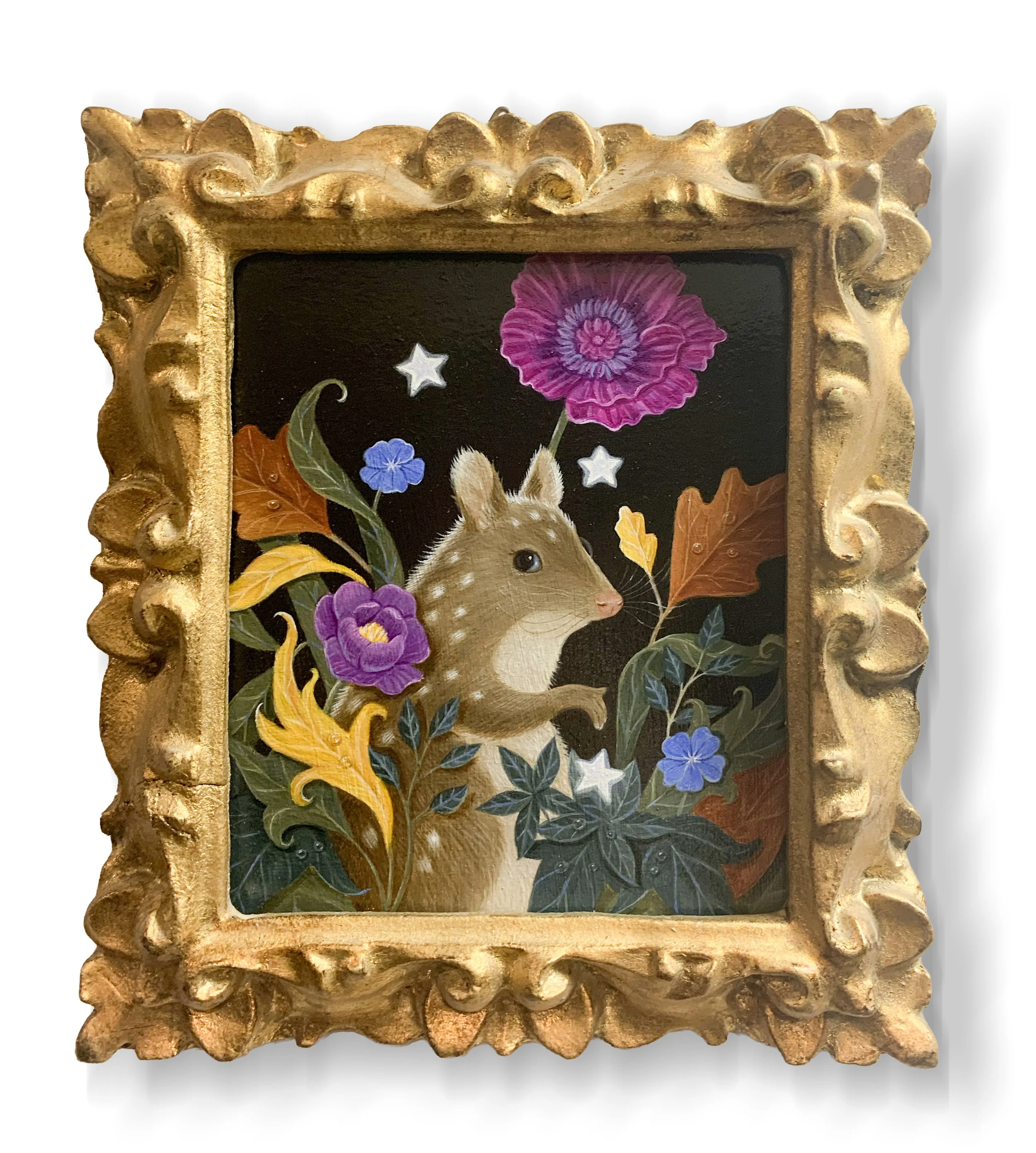  Oil on Arches Watercolor paper, 6.5"x5.75" Framed dimensions: 6"x4.75"  $600  There is a legend known among the wee ones of the forest, that near the southeast of the center of the forest, when a new moon sets with the sun, tiny wishing stars fall t