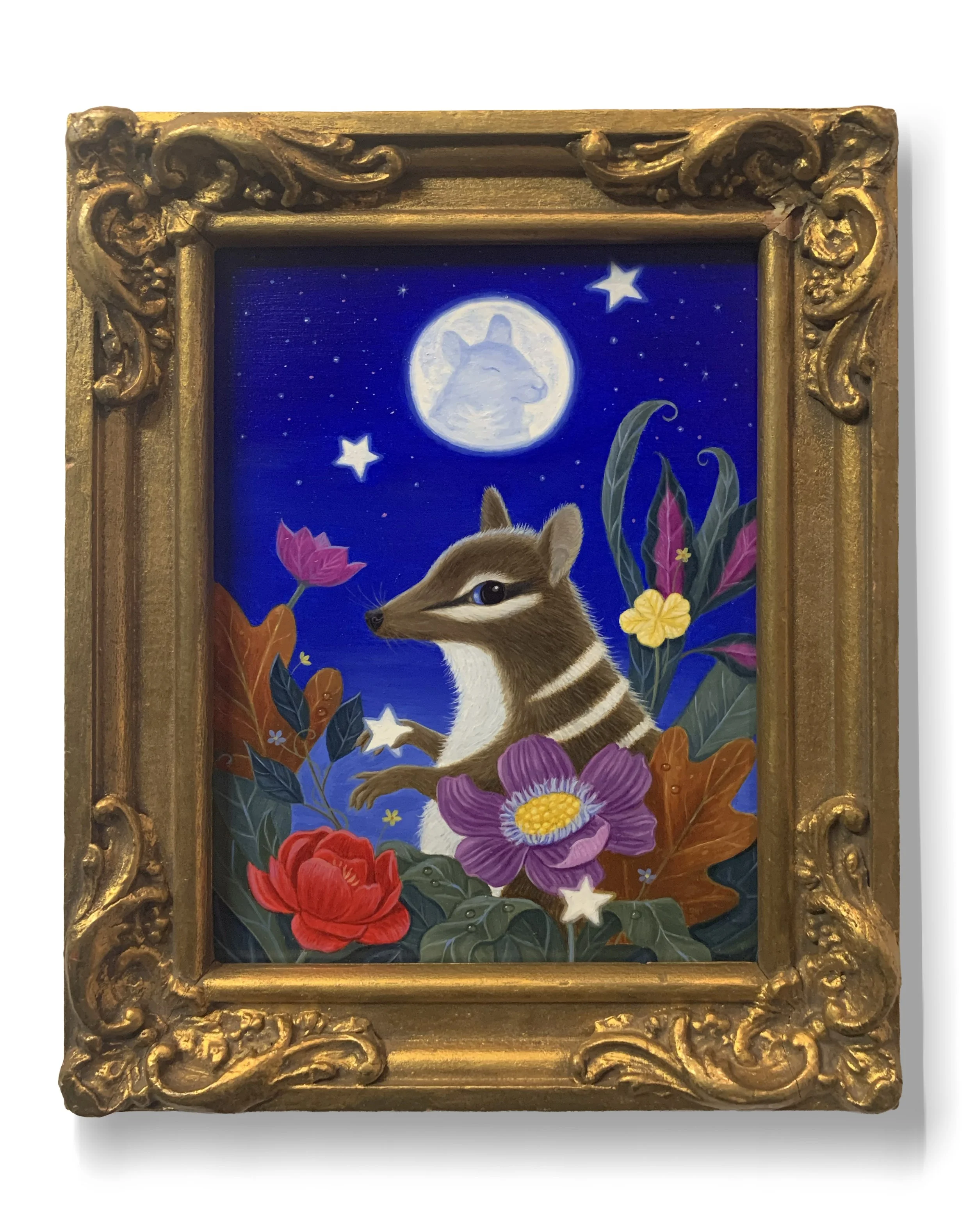  Oil on Arches watercolor paper, 6.25"x4.5" Framed dimensions: 8"x6.5"  Price: $600  Peanut has wanted to catch a wishing star since she was very small, but she is finally old enough to join in on a star hunt this season! If you catch three stars, yo