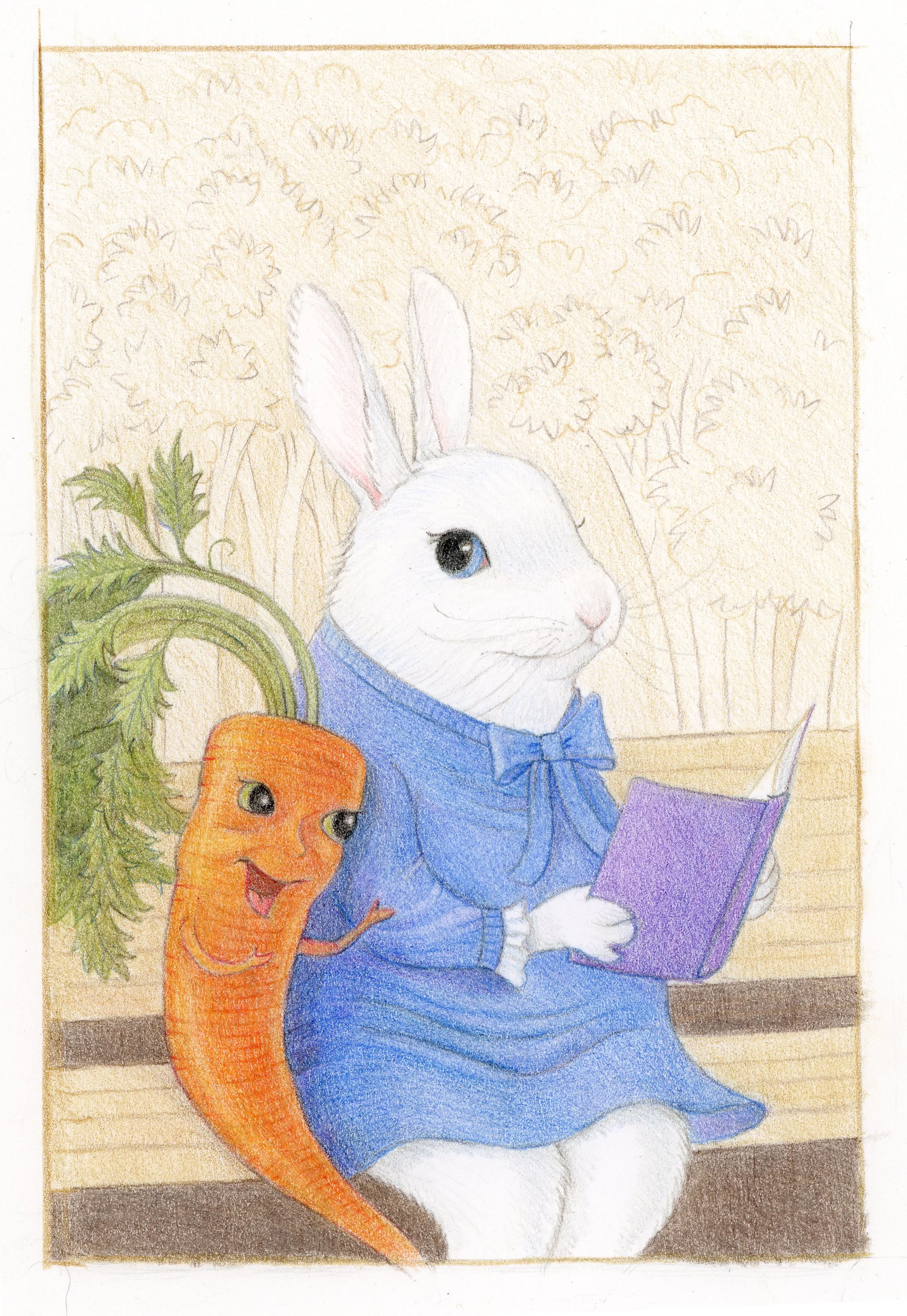  Marjorie enjoys her daily walks in the park, especially when her friend Carrot stops by.  Available in my Etsy shop  here .  $150 