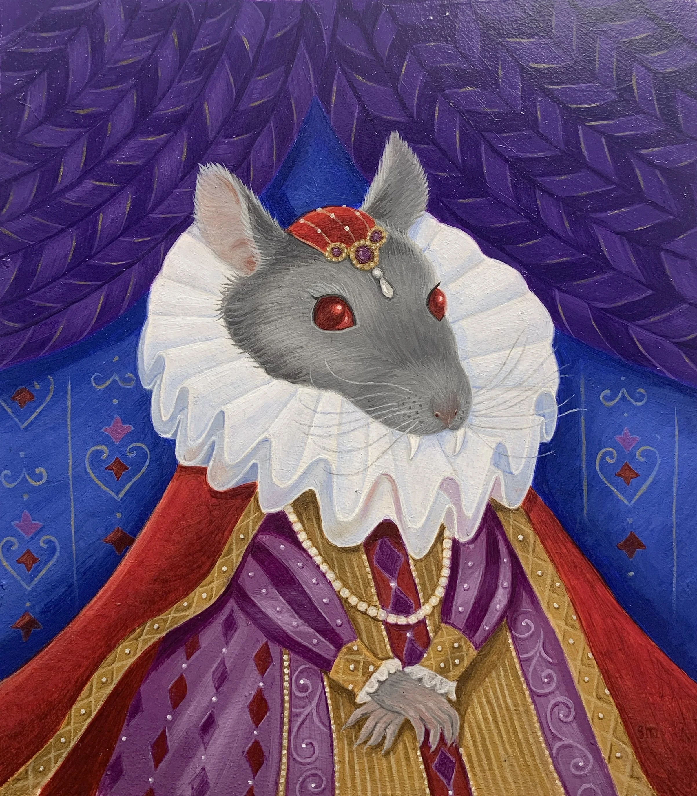  Finally posting my latest rat vampire oil painting framed!&nbsp;    "Queen Victoriana del Lazallonga"   Oil on gessoed watercolor paper,   4.25"x5"x5"  Look deeeeeeep into her eyessssss and sheeeee will protect youuuuuuuuuu.  Seriously, she is harml