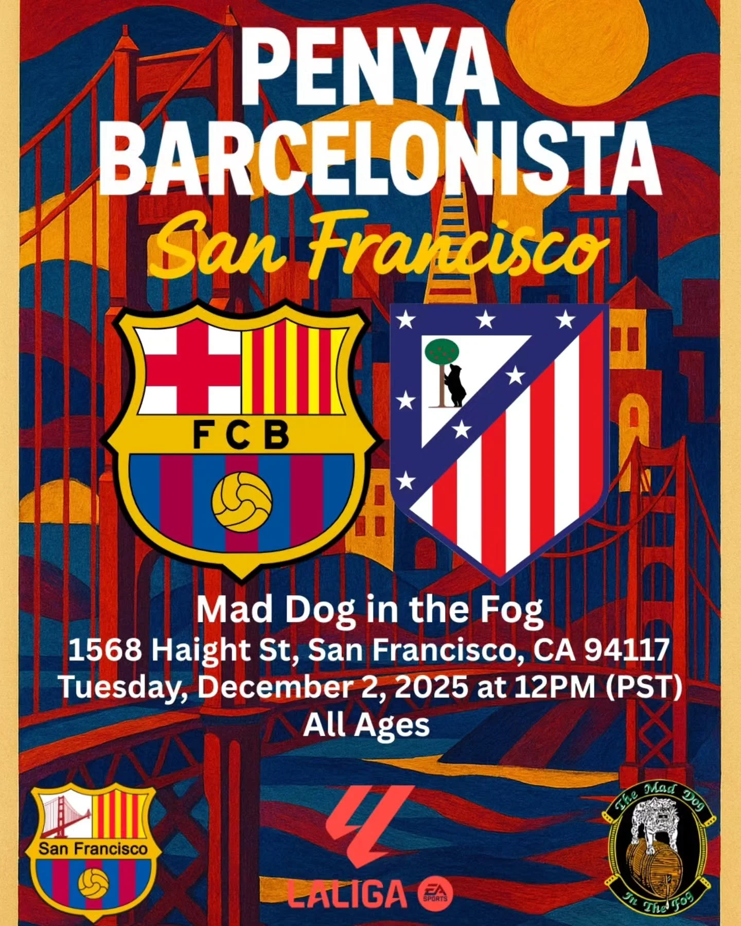 Bay Area Cul&eacute;s! 🌉 💙❤️

Come join Penya Barcelonista San Francisco for the FC Barcelona vs Atl&eacute;tico de Madrid match, you&rsquo;re invited to cheer with the official FC Barcelona supporters club in the Bay! 🔵🔴🔵🔴

Come watch, chant, 