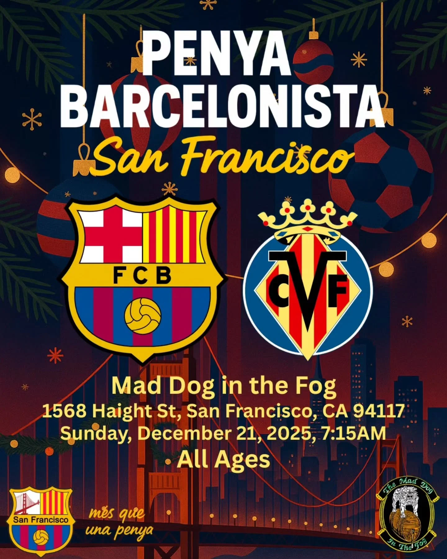 Bay Area Cul&eacute;s 🔵🔴🌉

Last Bar&ccedil;a match of 2025, let's go out with a bang! 

FC Barcelona🔵🔴 vs Villarreal🟡

Come grab coffee and breakfast with Penya Barcelonista San Francisco, your Blaugrana family in the Bay!!

Bring your Blaugran