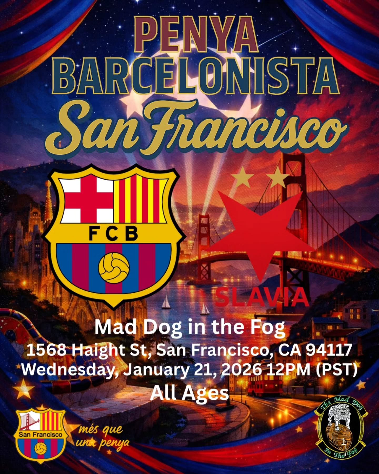 Bay Area Cul&eacute;s,

Round 7 of the UCL is here!! 
💙❤️🏆

Join PBSF as we cheer on FC Barcelona on the Road to Budapest for La Sisena!

FC Barcelona vs SK Slavia Prague
Tots Units Fem For&ccedil;a 🔵🔴

See you all Wednesday, bring your loudest c
