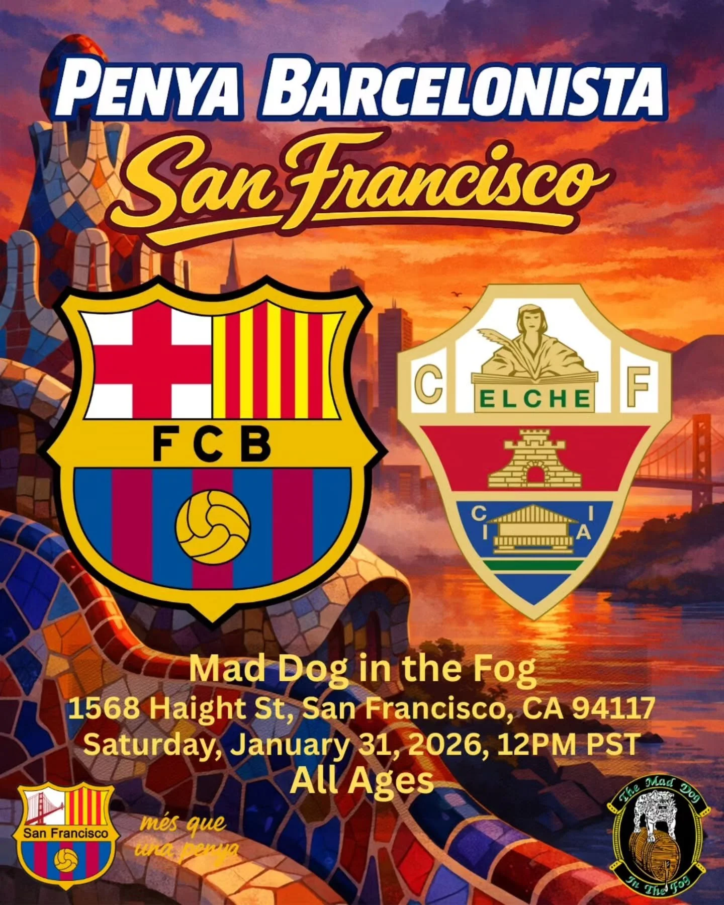 Bay Area Cul&eacute;s, 🔵🔴🔵🔴🌉

FC Barcelona is back in action as we take on Elche, and there&rsquo;s only one way to watch it the right way....together! Tots Units Fem For&ccedil;a 💙❤️💙❤️💪

Come through, rep your colors, and bring that Blaugra