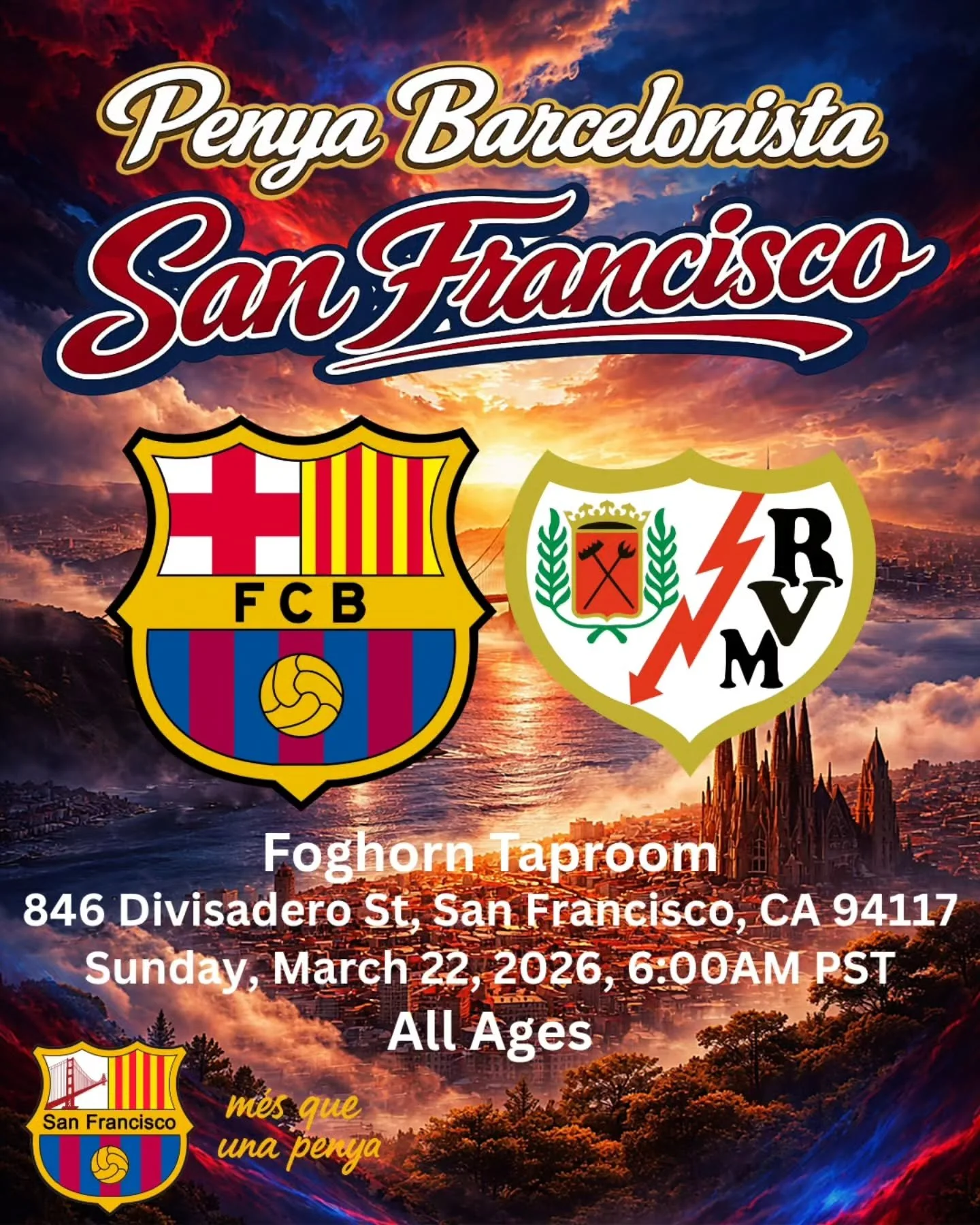 Bay Area Cul&eacute;s 🔵🔴🌉

Update for matchday 🚨

Due to logistical issues, we have a change of venue for the FC Barcelona vs Rayo Vallecano watch party! A big thank you to @foghorntaproom for taking care of us 💙❤️💙❤️

It&rsquo;s an early kicko
