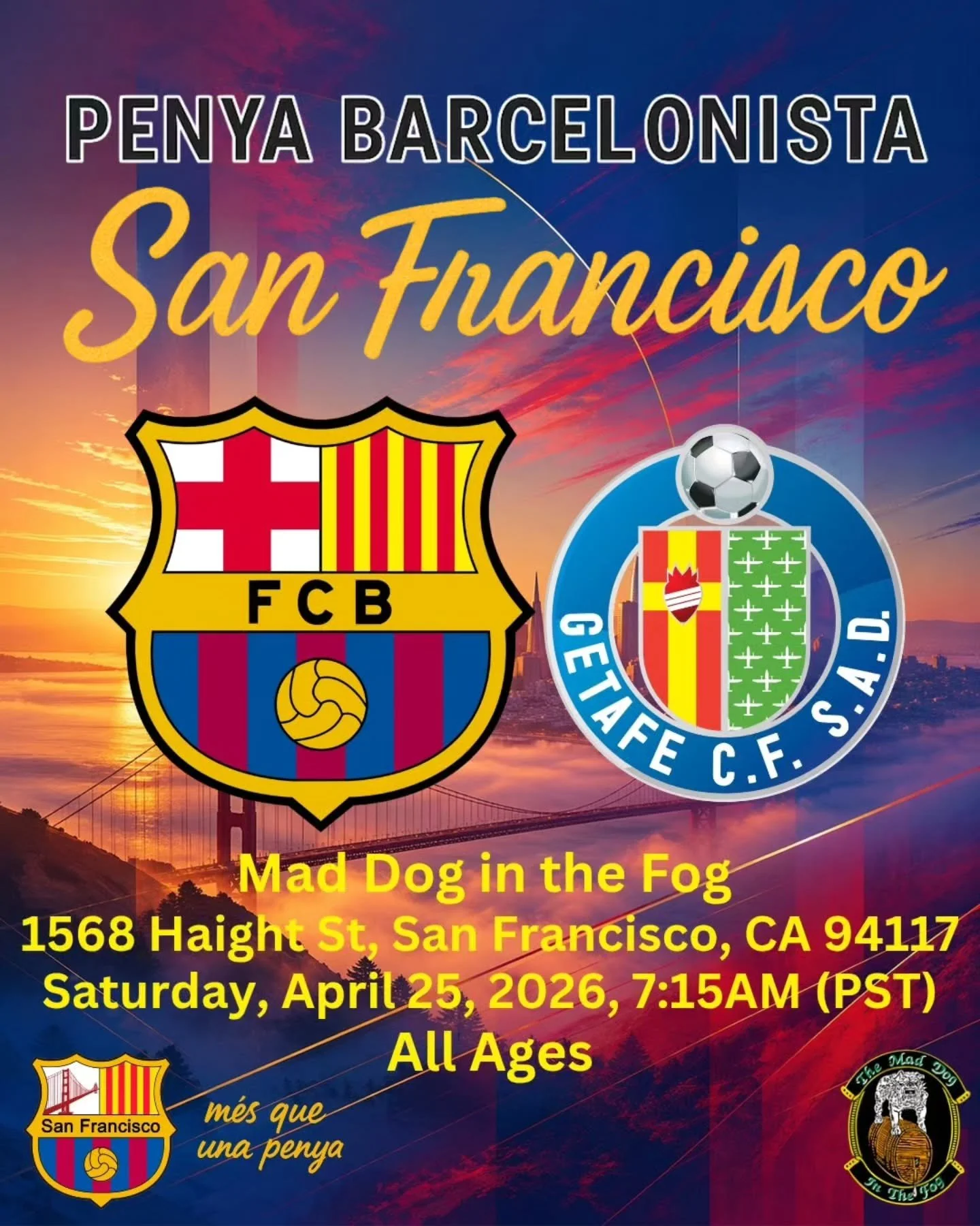 Bay Area Cul&eacute;s, 🔵🔴🌉

Come join your Blaugrana family, PBSF, for a Bar&ccedil;a doubleheader!

-FC Barcelona vs Getafe in La Liga
-THEN Bar&ccedil;a Femen&iacute; vs Bayern Munich in the UWCL

Back-to-back matches, back-to-back reasons to sh