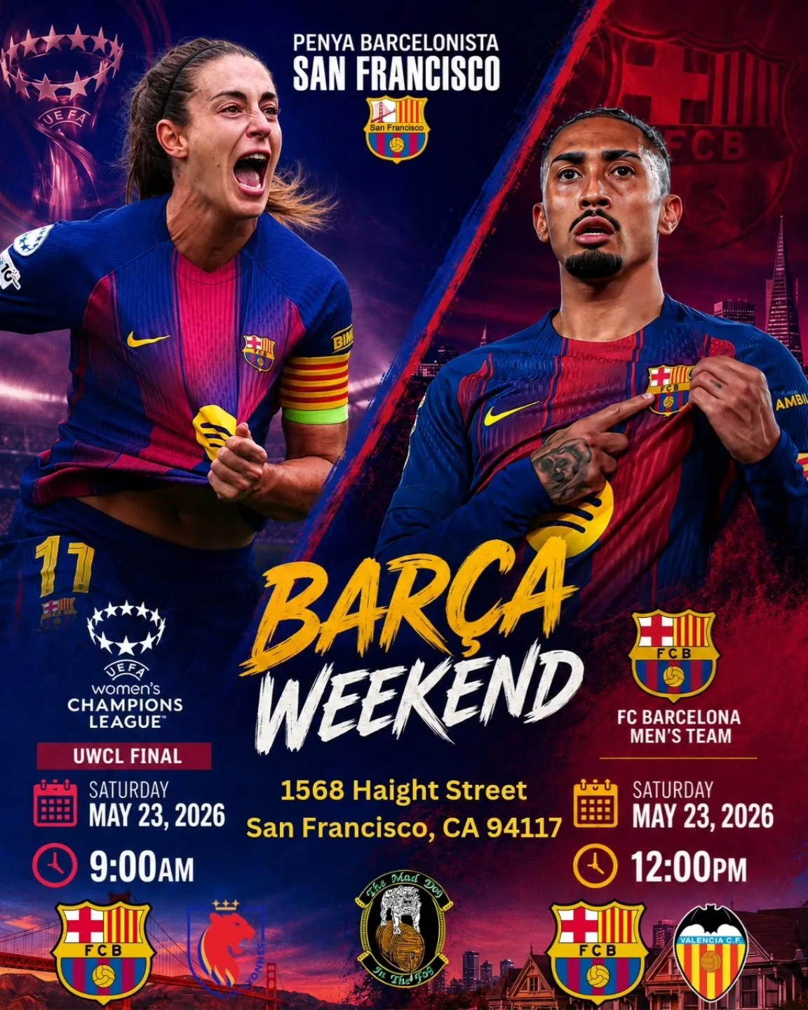 The Bay is Blaugrana!!!
🌉💙❤️

Come join Penya Barcelonista San Francisco for a special double watch party as we cheer on Bar&ccedil;a Femen&iacute; in the Champions League Final and close out the La Liga season with the men&rsquo;s team! 💙❤️

Two 