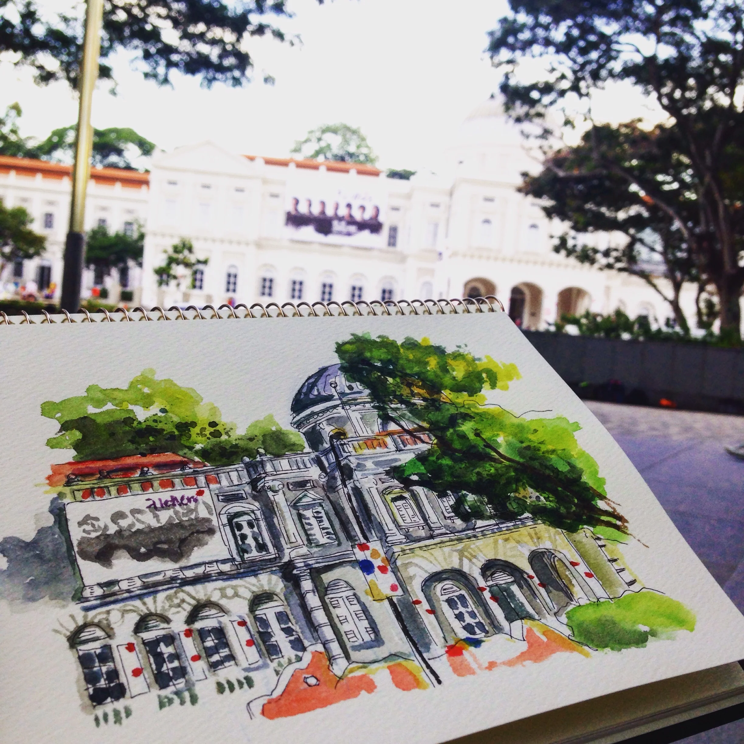 My last open sketchwalk at the SMU Open Lawn, facing the National Museum of Singapore. 