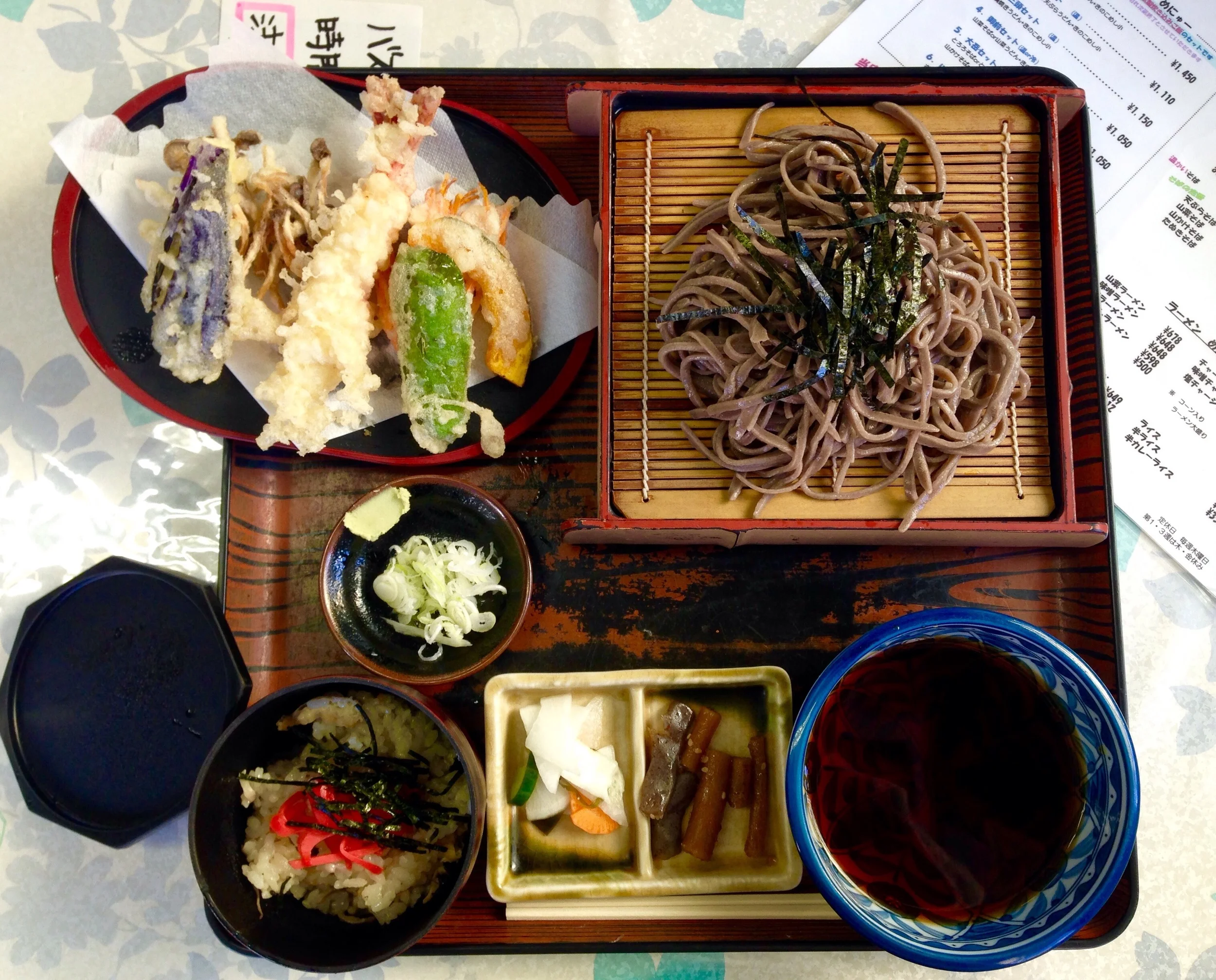 Local handmade soba and tempura with Kinoko steamed rice