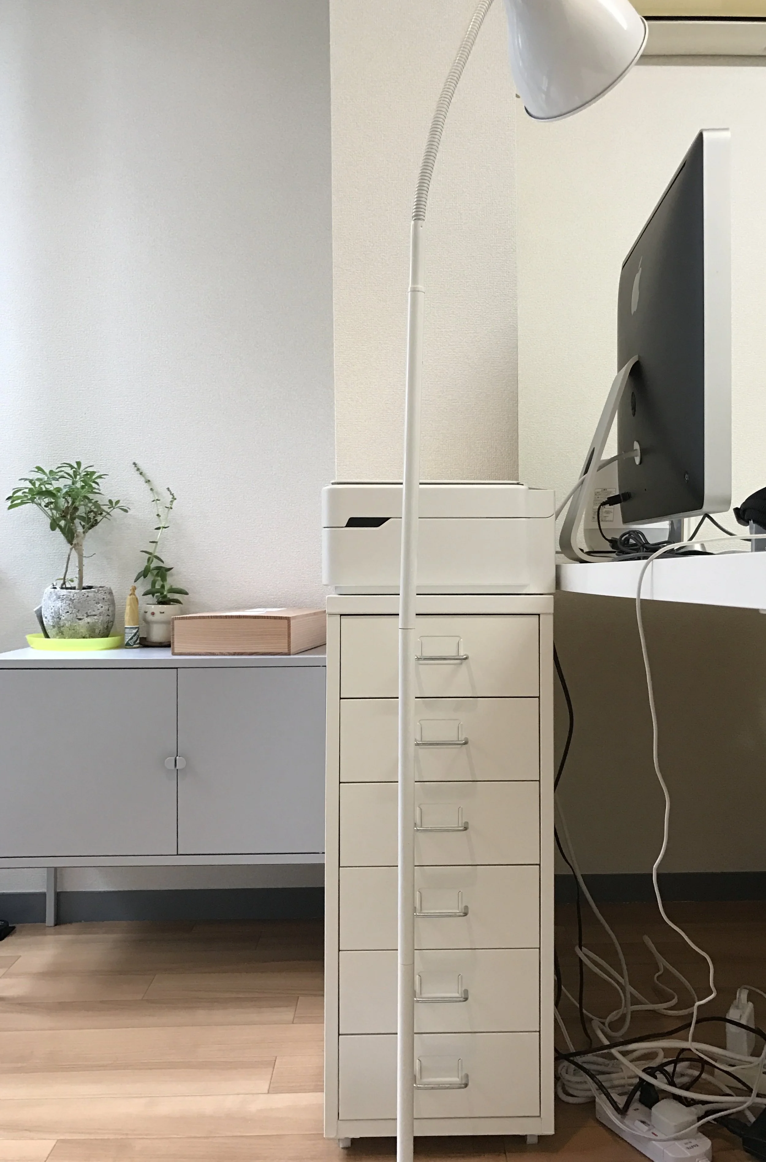 For all your documents with HELMER chest of drawers and a used IKEA floor lamp that doubles up as a desk lamp that I got from a garage sale. Pardon the wire mess! 