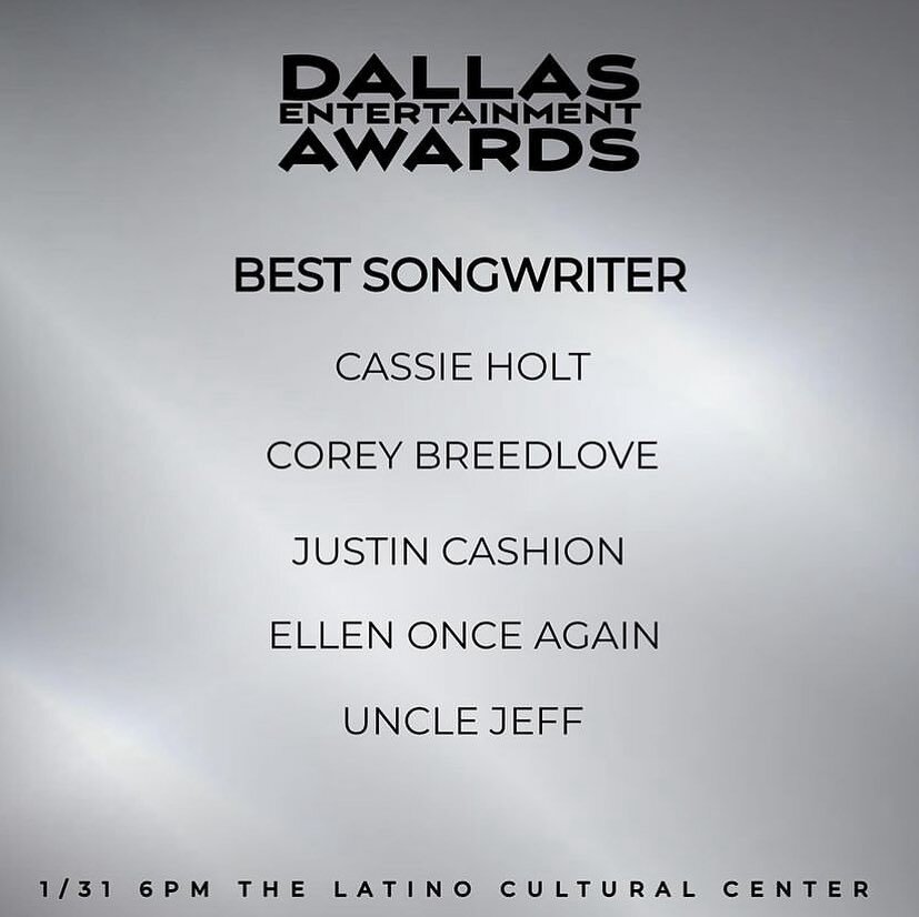 I am honored to be considered a nominee for best songwriter by @dallasentertainmentawards. That&rsquo;s why I got in to music in the first place, been writing since I was 13 and never stopped. Thank you all for voting but now we have to lock it in! I