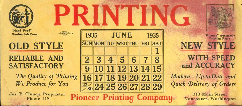 Promotional piece from Pioneer Printing, 11 years before this Linotype was built!