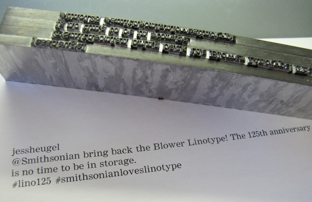 tweet from @jessheugel. Way to go, Jess. We agree with this. It would be nice to know that folks could lay their eyeballs on the first Linotype Machine, even if it is only a recent photograph of it. 