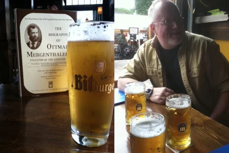 Prost! After the tweet-casting session, we made a toast to Ottmar, and enjoyed some German lagers. Pictured on the right is Jeff from the C.C. Stern Type Foundry and Buzzworm Studios