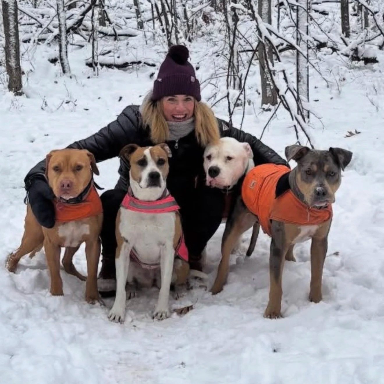 A woman with blonde hair, wearing a purple knit hat and black jacket, smiling and crouching in the snow with four dogs, all wearing orange or pink jackets, in a winter forest.