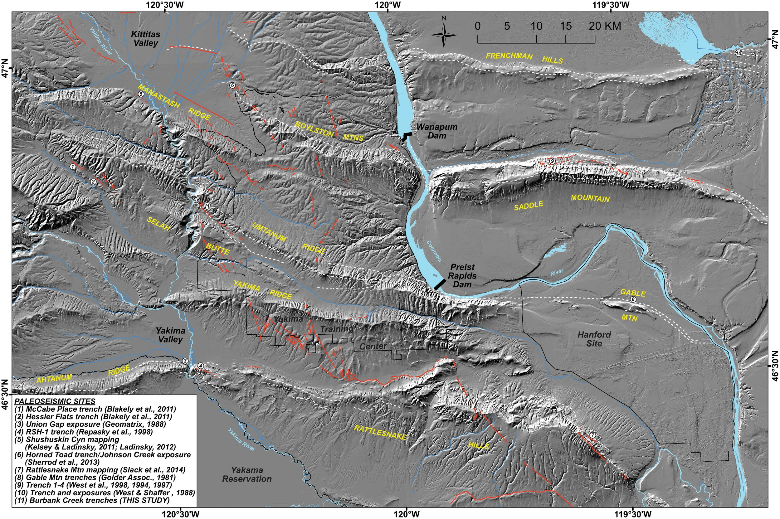 Neotectonic mapping of fault scarps and landslides highlights the complex nature of surface deformation related to recent earthquakes (Bennett et al., 2016 - AGU poster).