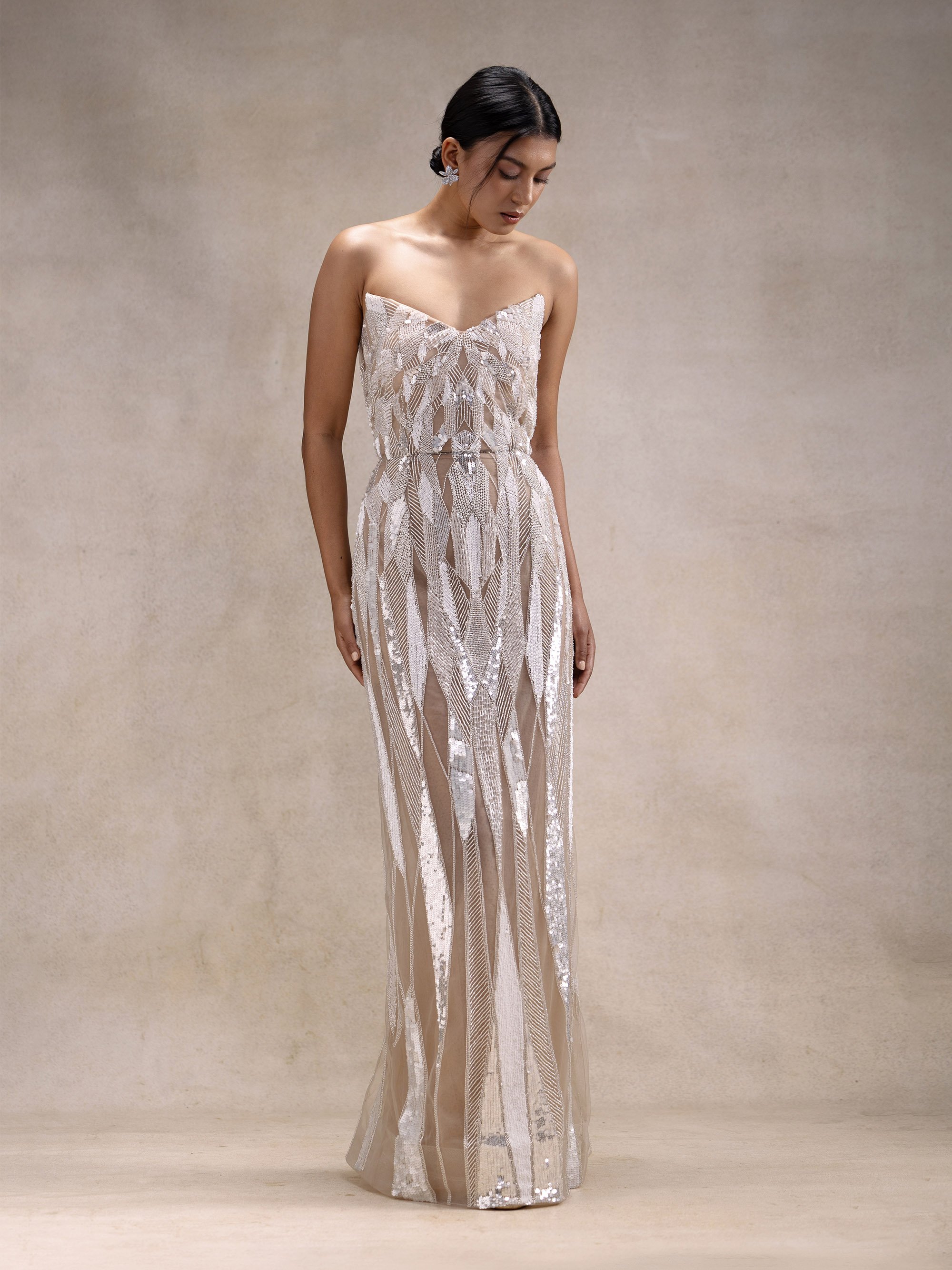 Satori strapless hand embellished silver ivory wedding gown front full