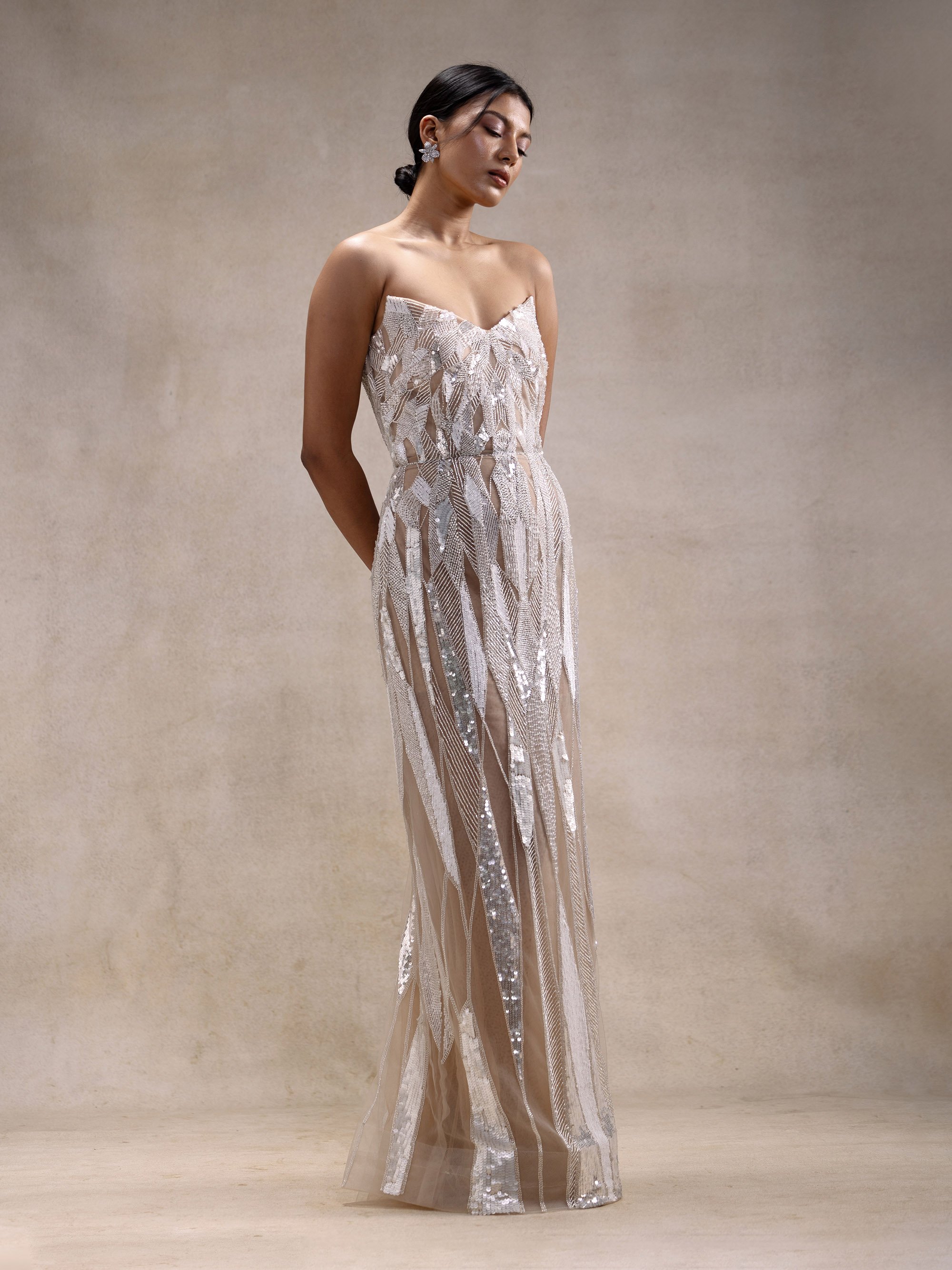 Satori strapless hand embellished silver ivory wedding gown 3/4 full