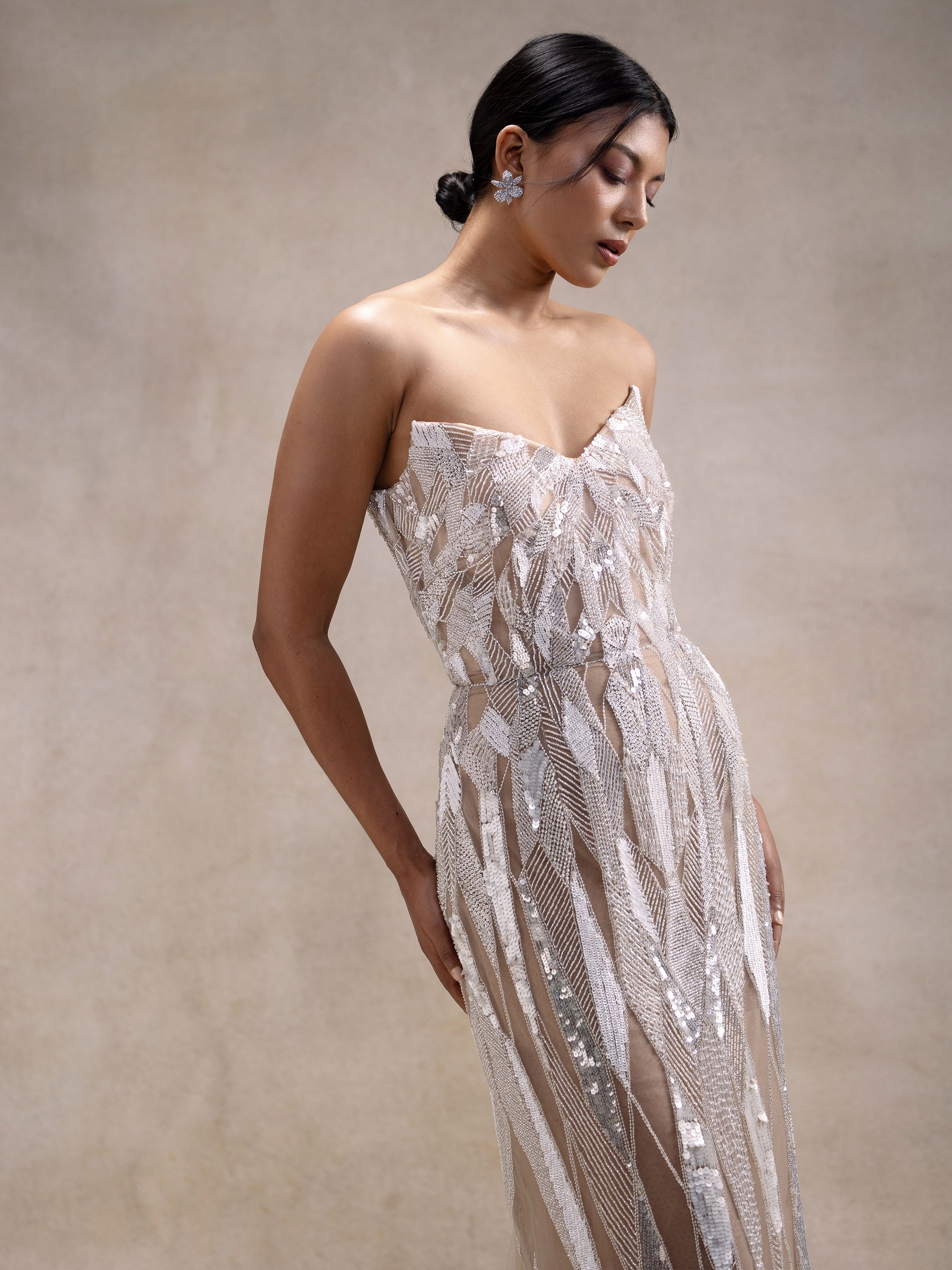 Satori strapless hand embellished silver ivory wedding gown detail