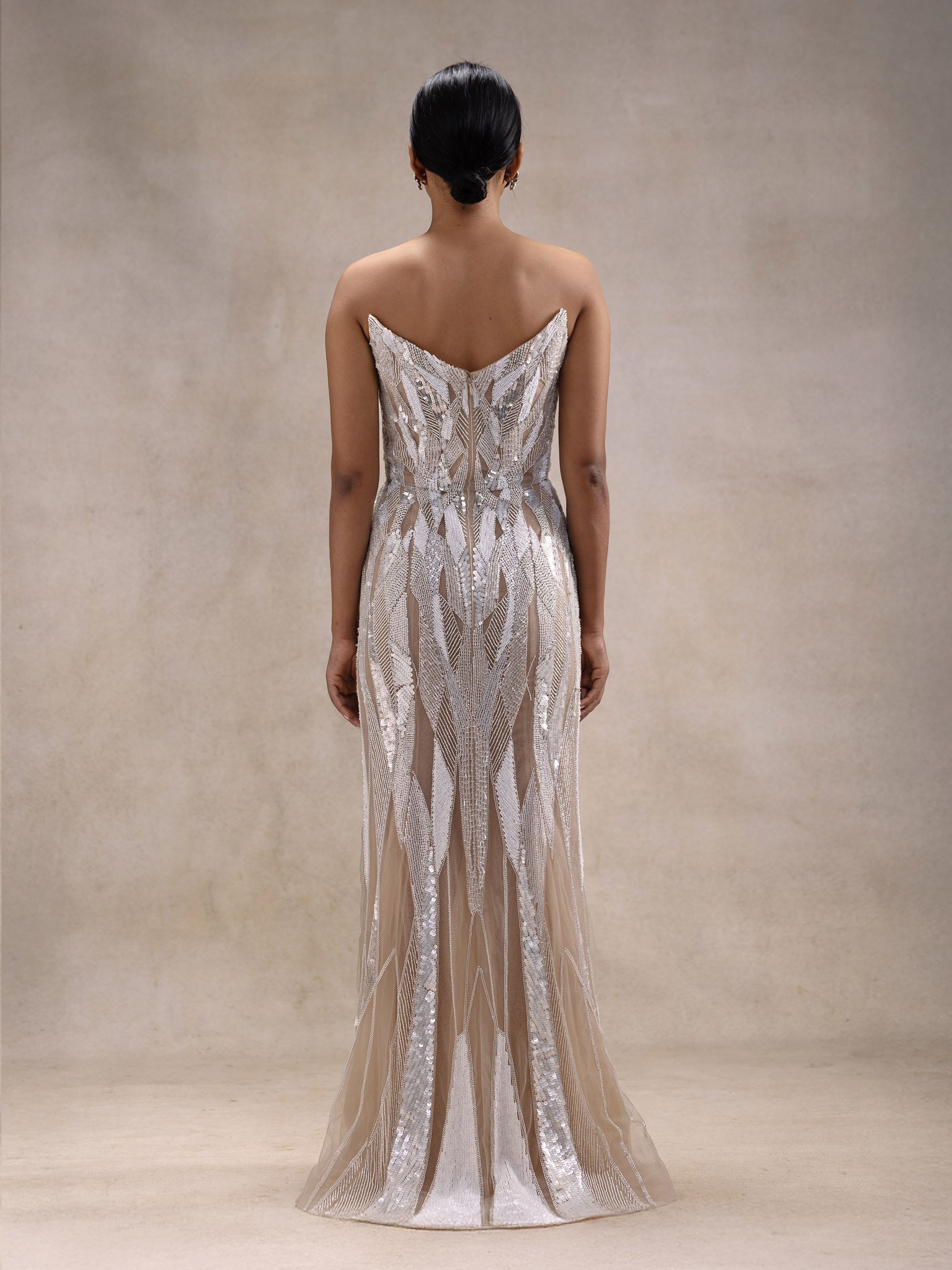 Satori strapless hand embellished silver ivory wedding gown back full