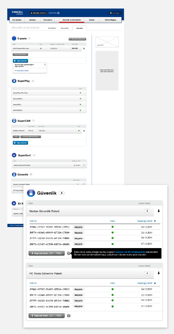 Each service can be managed in depth under dedicated control panels with useful infotip help.