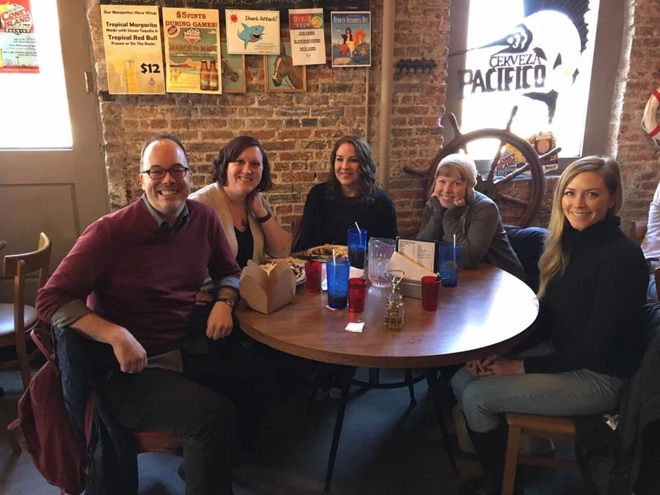 Our Big Read team went out to lunch after leaving the high school. From l-r: Michael Northrop, me, J.J. Howard, Stephanie Kate Strohm, and Tara Crowl. (Not pictured, but also on our team: Sara Mlynowski.)