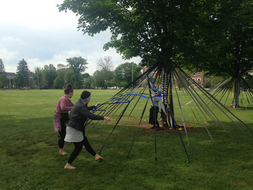 laura Gordon, Liz Leahy and choreographer Heather Bryce rehearsing "Over and Under" at the Vermont College of Fine Arts Green, Montpelier , Vermont. They will be performing on June 20, 5pm at this site.