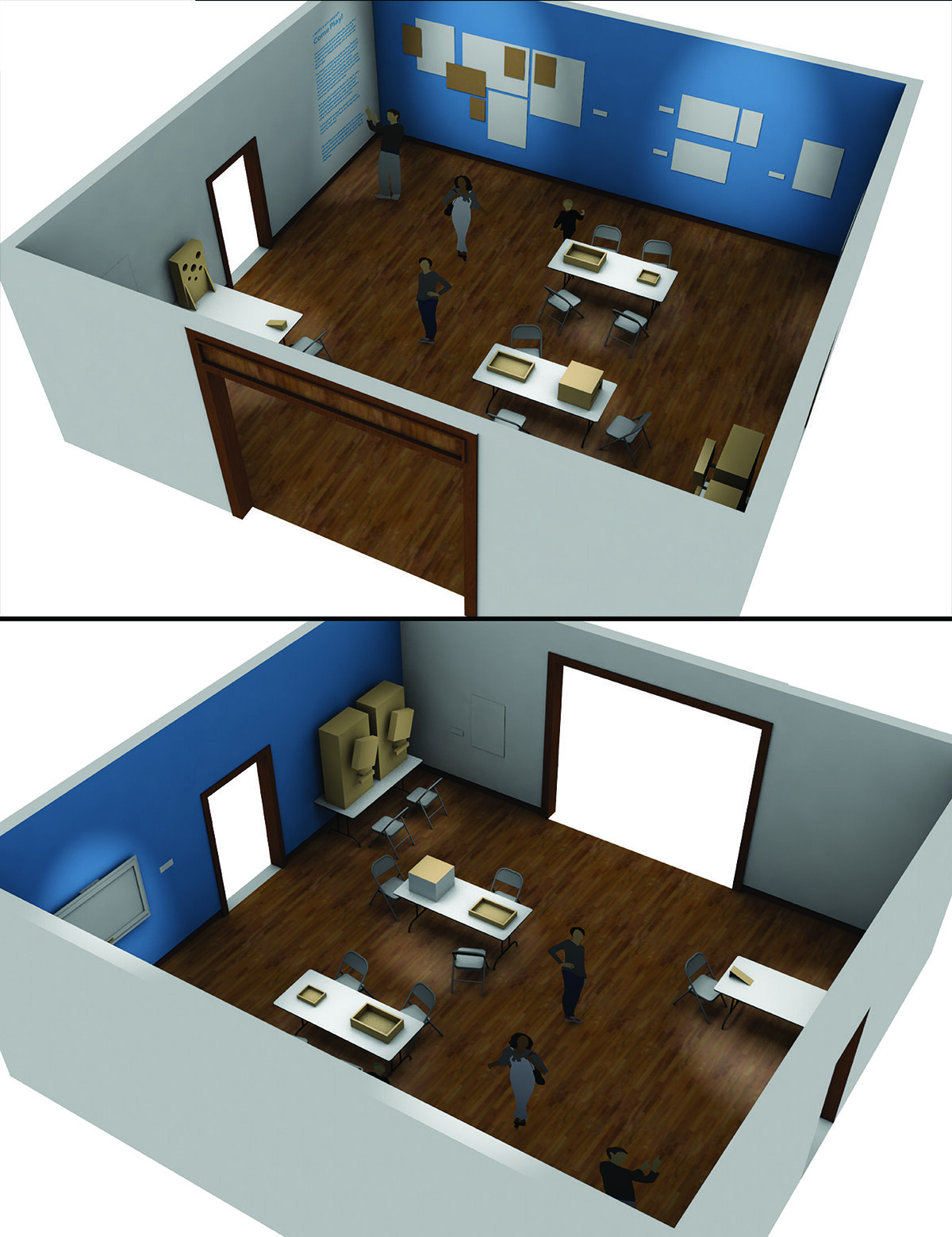  3D renders and exhibit design plans for  Come Play!.   