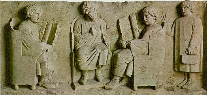 Relief in Neumagen near Trier, a teacher with three discipuli (180-185 CE)