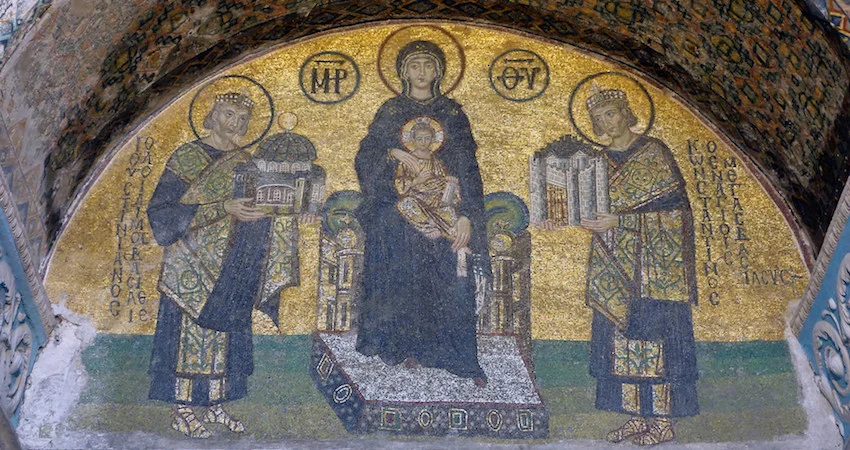 Constantine the Great presents the city (Constantinople) and Justinian the Great presents Hagia Sophia to the Virgin , mosaic