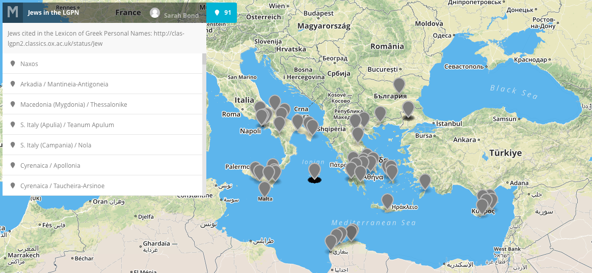 Sarah Bond's map of the Ancient Jews in the Lexicon of Greek Personal Names