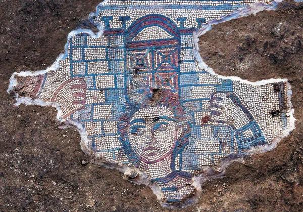 Samson carrying the gates of Gaza from the synagogue in Huqoq