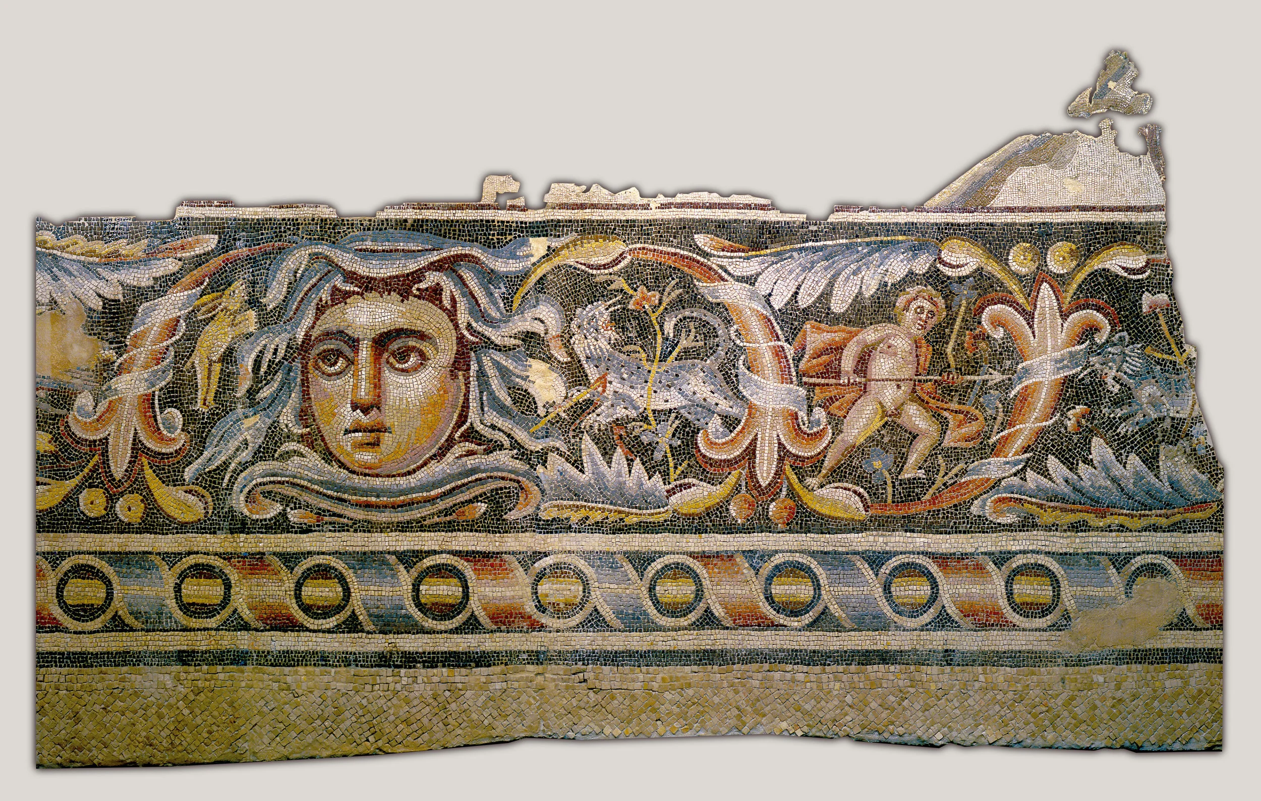 Detail of a mosaic floor from a Roman villa's triclinium (By Unknown - WQFyelyRWDC0tg at Google Cultural Institute)