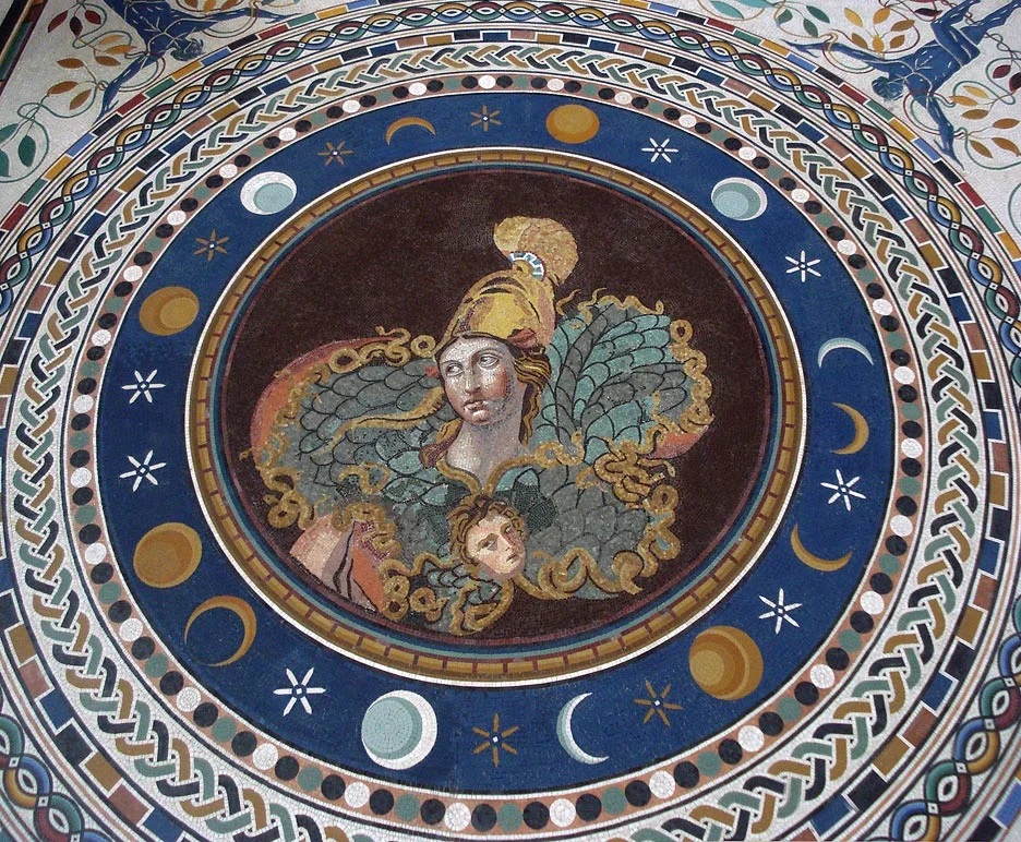 Pallas Athena and Aegis surrounded by the moon's cycle. Vatican Museum. 