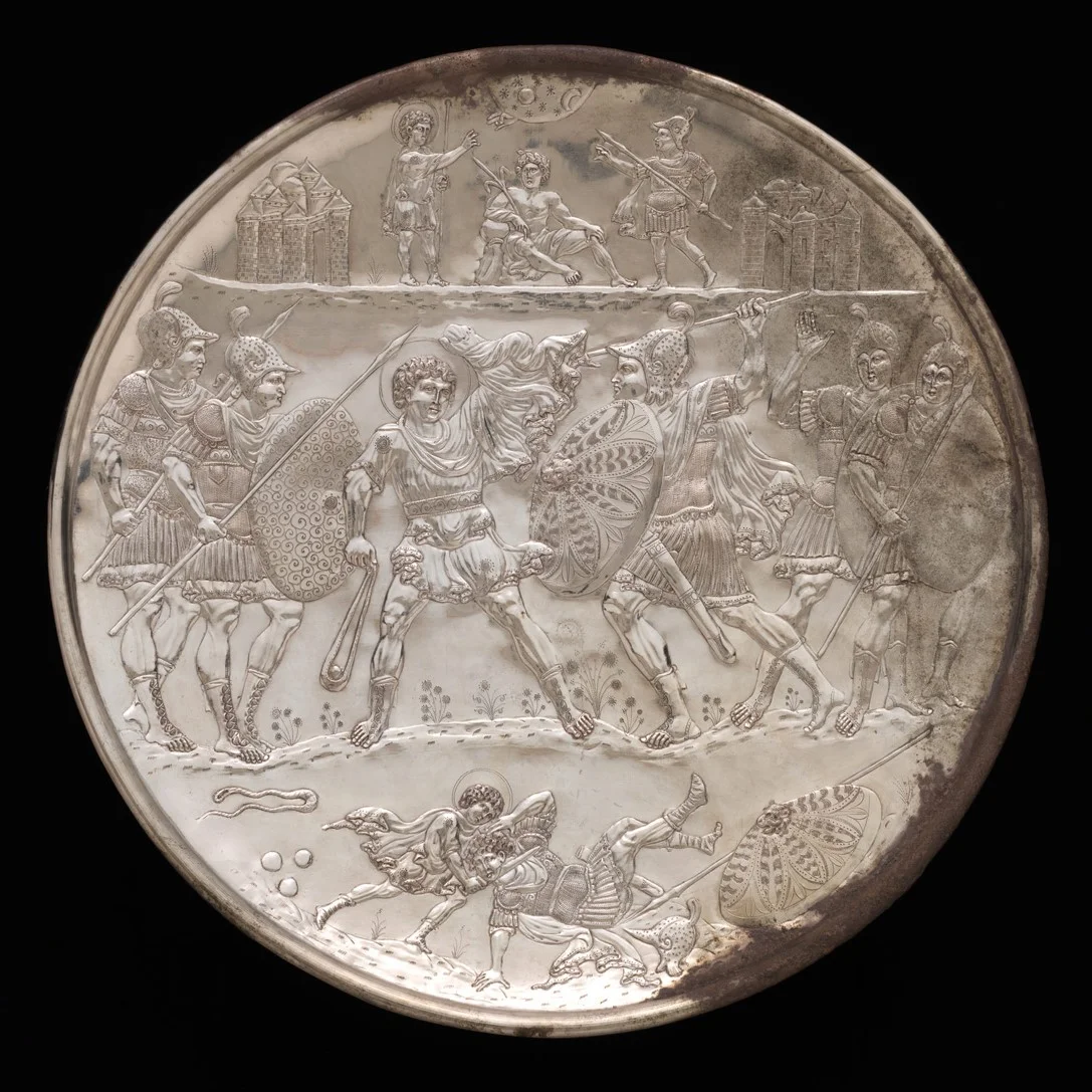 David and Goliath, Silver Plate from the Karavas hoard (Constantinople, 629-30CE) | Currently held in the Met Museum, NY | http://www.metmuseum.org/toah/works-of-art/17.190.396/