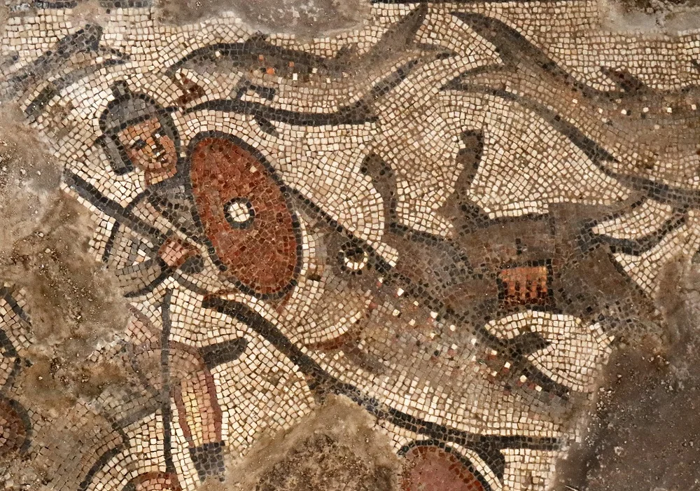 Fish swallowing soldier at the parting of the Red Sea | Fifth-century synagogue mosaic, Huqoq | Image source and credit to Jim Haberman