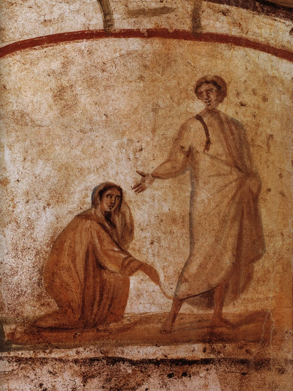 Painting of the healing of a woman with internal bleeding | Fourth-century, Catacombs of Marcellinus and Peter, Rome | Image source 