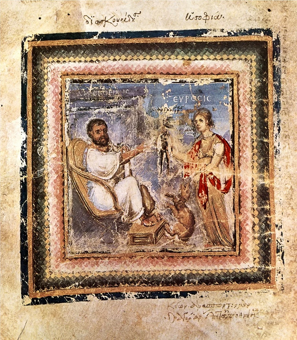Portrait of Dioskurides (the author) and Heuresis from C6 medical miscellany | Vienna Dioscurides (ca. 512CE), f. 4v | Image source