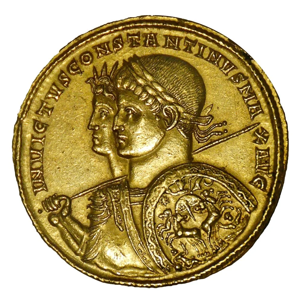 Busts of Sol Invictus and Constantine I | Gold solidus minted in Ticinum in 313CE to commemorate victory at the Milvian Bridge | Image source