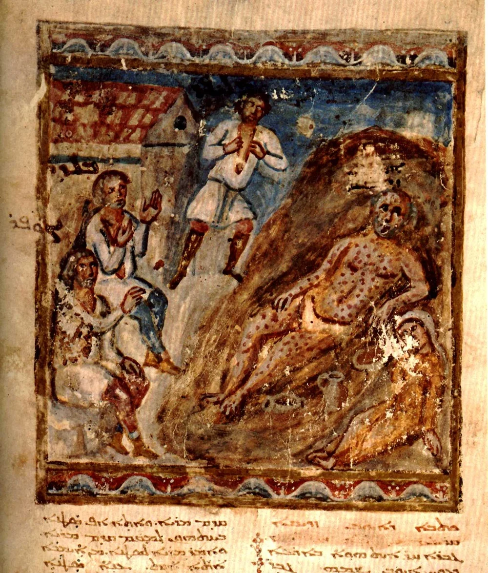 The Suffering of Job in the Syriac Bible of Paris | Bibliothèque Nationale, MS syr. 341, f. 46r | Image source