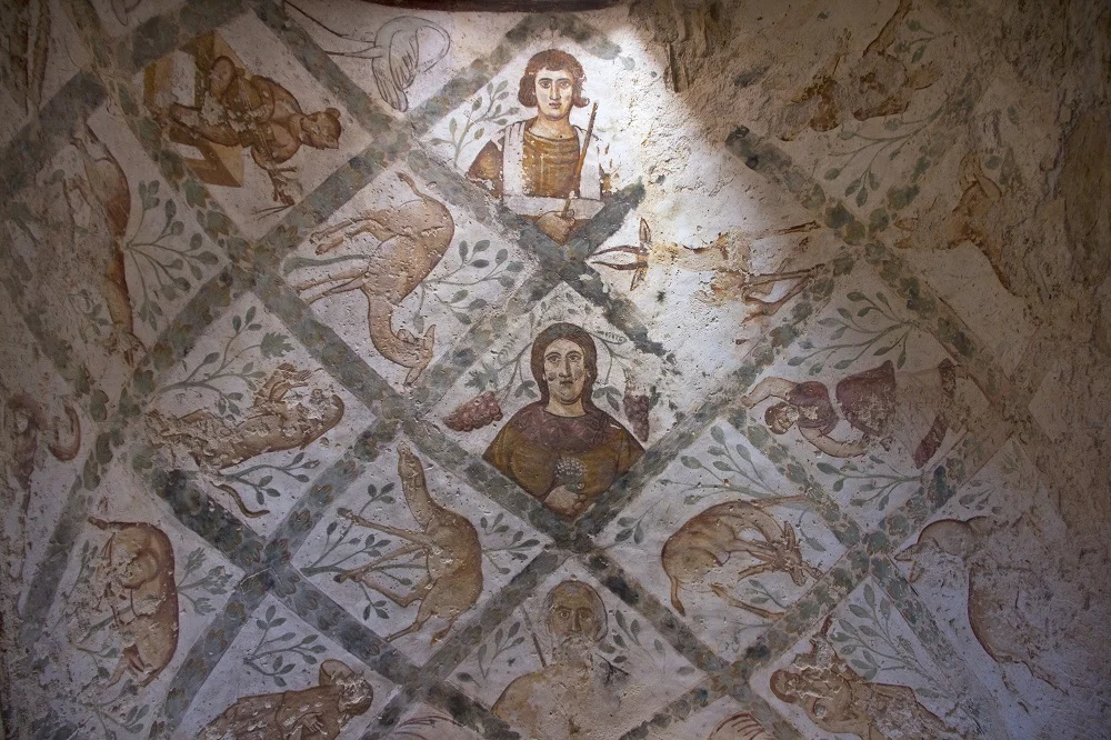 Vaulted ceiling painting | Bathhouse at Qusayr Amra, Jordan | Image Source