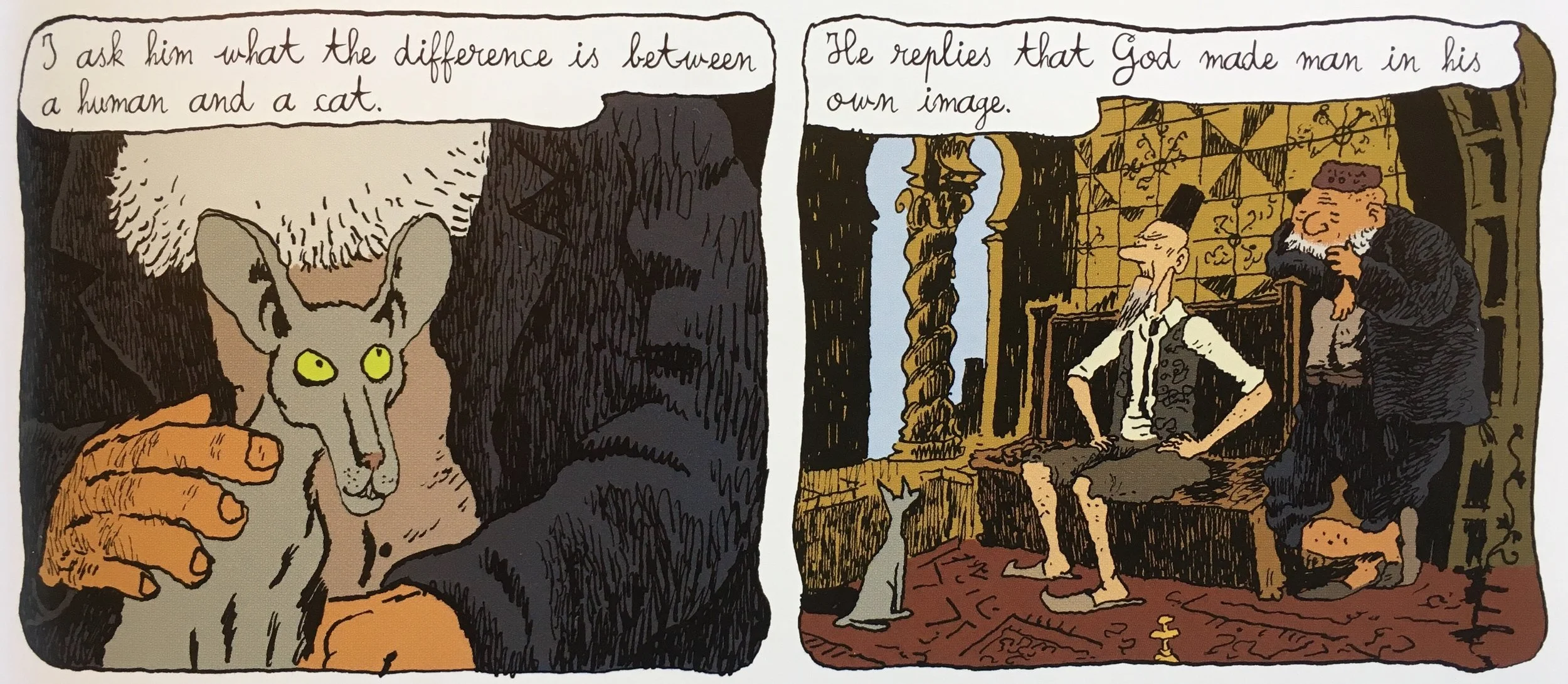 Joann Sfar, The Rabbi’s Cat, New York : Pantheon Books, 2005), 11/3-4 (image used with kind permission of artist)