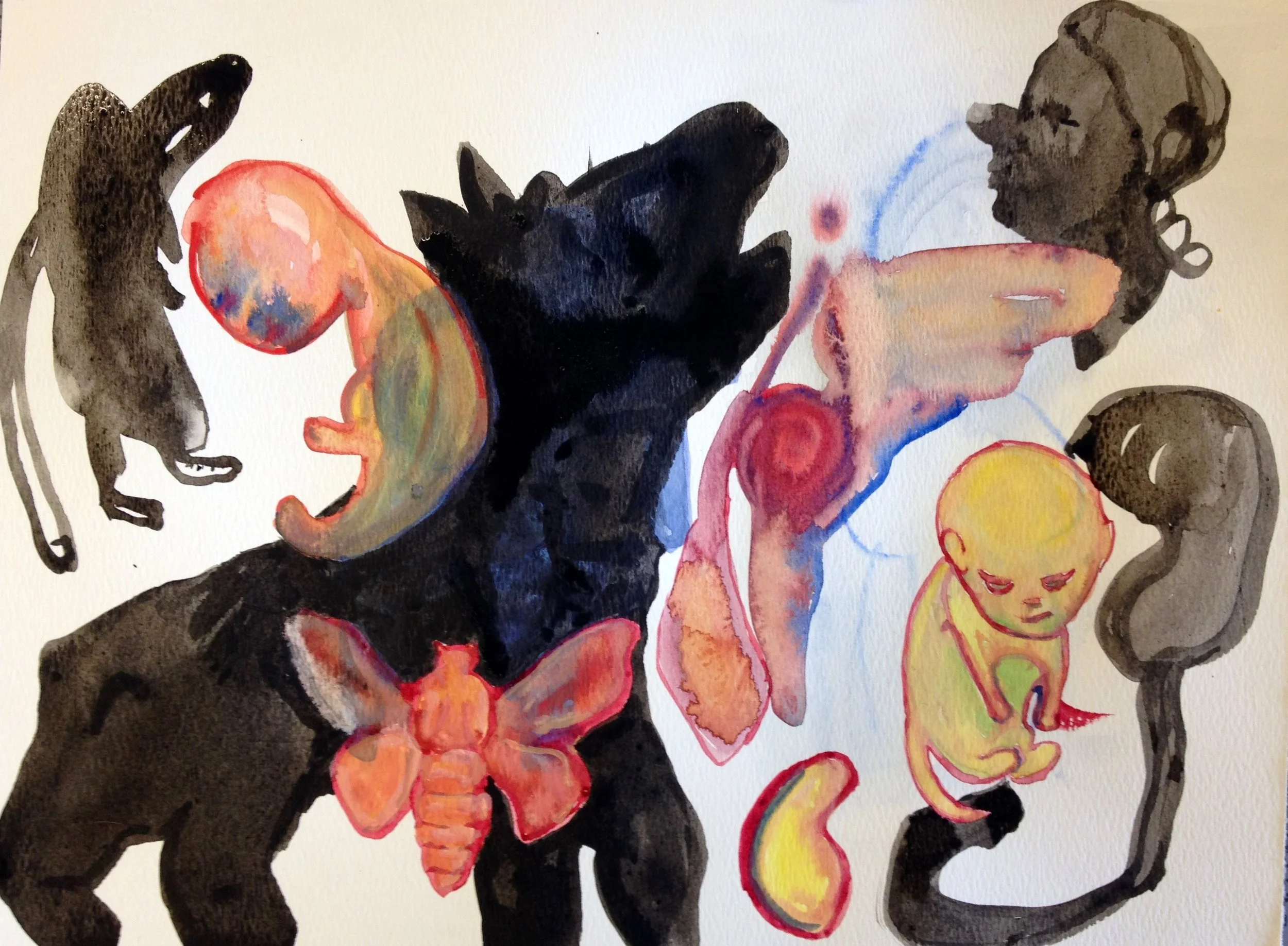 R. R. Neis, Embryotics for Beginners, 2015, mixed media on paper, 12"x18"