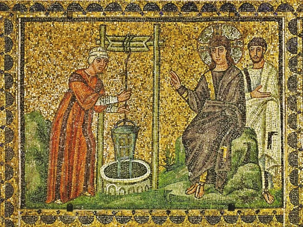 Sixth-century mosaic of Jesus and the Samaritan Woman | Santa Apollinare Nuovo, Ravenna | Image Source