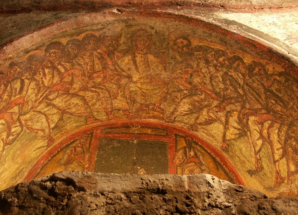 Arsosolio fresco of Christ and the Twelve Apostles | Fourth-century, from the Catacombs of Domitilla, Rome | Image Source