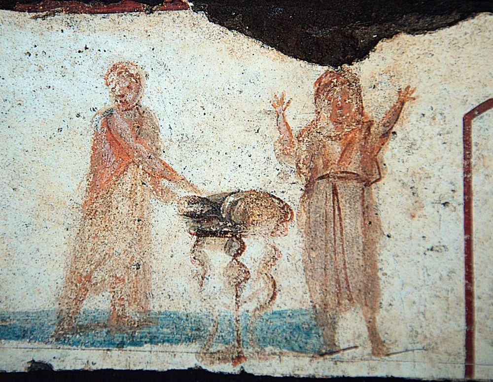 Catacomb painting, possibly of Eucharist bread | Catacomb of San Callisto, third century | Image source